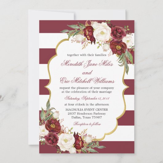 Faire-part de mariage floral marsala rayé (Devant)