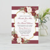 Faire-part de mariage floral marsala rayé (Debout devant)