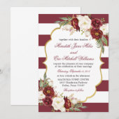 Faire-part de mariage floral marsala rayé (Devant / Derrière)