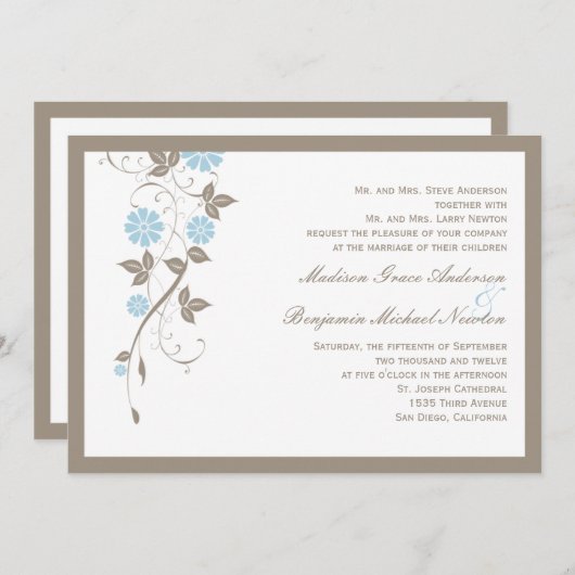 Faire-part de mariage floral moderne - Aqua Blue (Devant / Derrière)