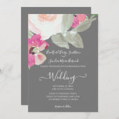 Faire-part de mariage floral moderne gris argenté (Devant / Derrière)