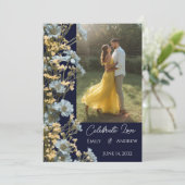 Faire-part de mariage floral moderne simple Navy (Debout devant)