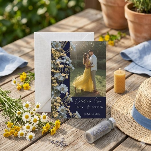 Faire-part de mariage floral moderne simple Navy