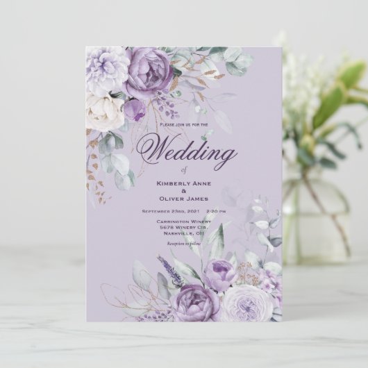 Faire-part de mariage Floral moderne violet (Debout devant)