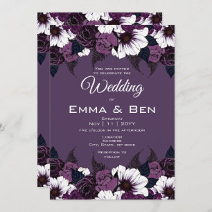 Faire-part de mariage floral moderne violet foncé