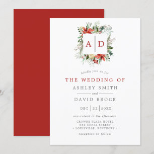 Faire-part de mariage floral monogramme rouge et v