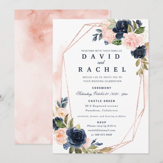 Faire-part de mariage floral Navy Blush (Devant / Derrière)