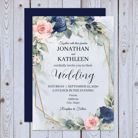 Faire-part de mariage floral Navy et Blush