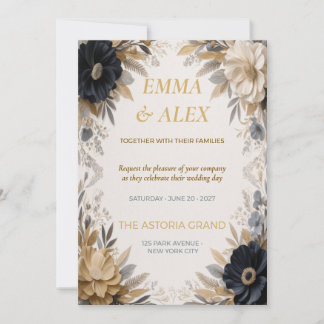 Faire-part de mariage floral Navy & Or | Élégant