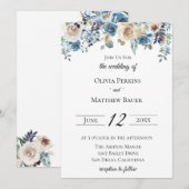 Faire-part de mariage floral neutre bleu d'ardoise (Devant / Derrière)