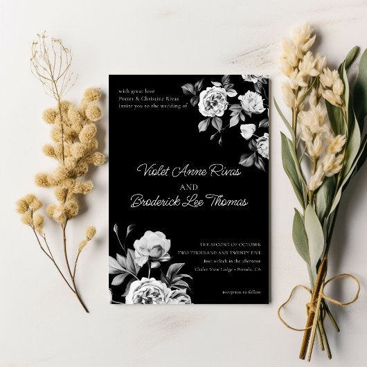 Faire-part de mariage Floral noir & blanc intempor