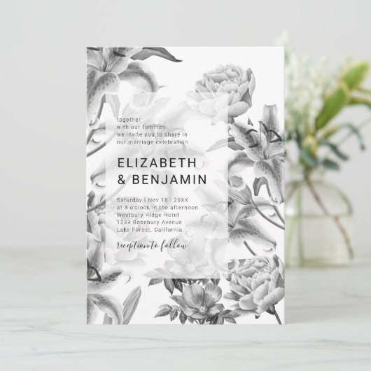 Faire-part de mariage Floral noir blanc intemporel (Debout devant)