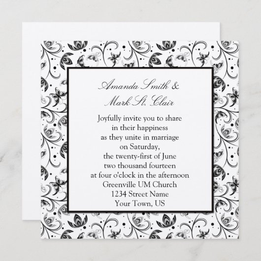 Faire-part de mariage floral noir et argent (Devant / Derrière)