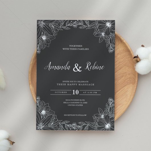 Faire-part de mariage floral noir et blanc minimal