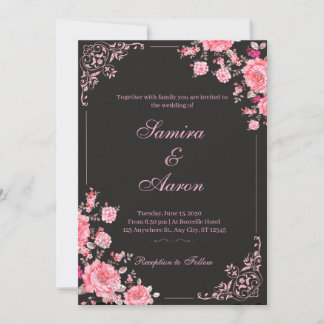 Faire-part de mariage floral noir et rose