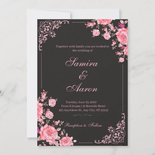 Faire-part de mariage floral noir et rose (Devant)