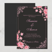 Faire-part de mariage floral noir et rose (Devant / Derrière)