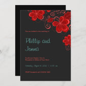 Faire-part de mariage floral noir et rouge rétro (Devant / Derrière)