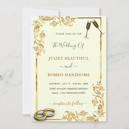Faire-part de mariage Floral Or + Anneaux & Champa (Devant)