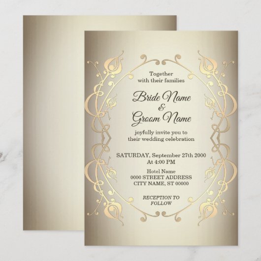 Faire-part de mariage floral or beige élégant (Devant / Derrière)