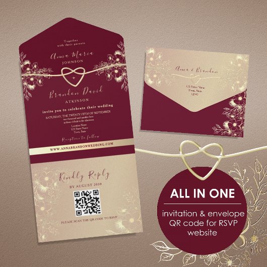 Faire-part de mariage floral or et bordeaux Code Q