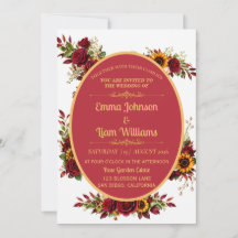Faire-part de mariage floral or et Bourgogne