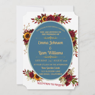 Faire-part de mariage floral or et Bourgogne