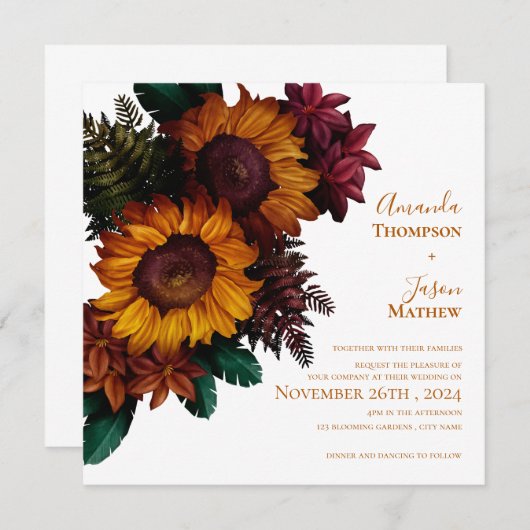 Faire-part de mariage Floral Orange Brûlé Rustique (Devant / Derrière)