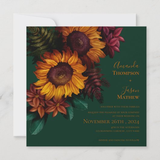 Faire-part de mariage Floral Orange Brûlé Vert (Devant)