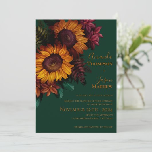 Faire-part de mariage Floral Orange Brûlé Vert (Debout devant)