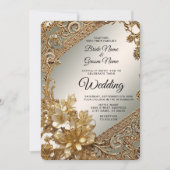 Faire-part de mariage floral orné d'or moderne (Devant)