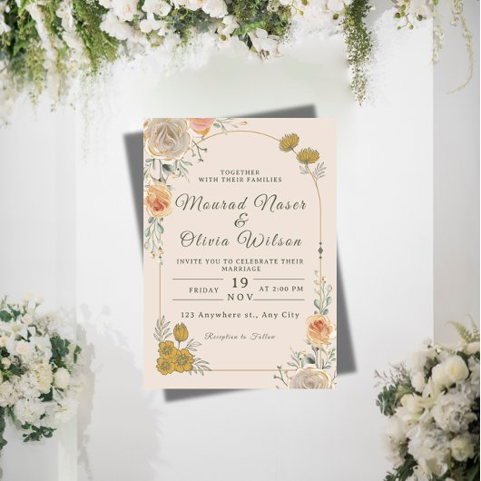 Faire-part de mariage floral pastel et or