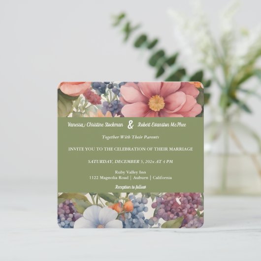 Faire-part de mariage floral peint en douceur (Debout devant)