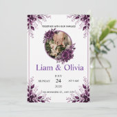 Faire-part de mariage floral pourpre (Debout devant)