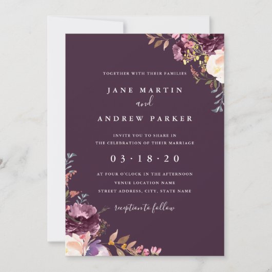 Faire-part de mariage Floral pourpre (Devant)