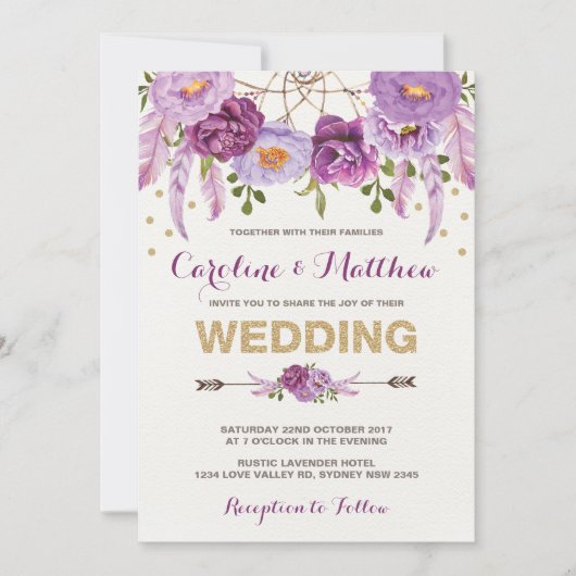 Faire-part de mariage floral pourpre de Boho (Devant)