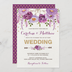 Faire-part de mariage floral pourpre de Boho