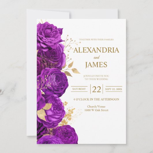 Faire-part de mariage floral pourpre et or (Devant)