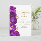 Faire-part de mariage floral pourpre et or (Debout devant)