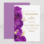 Faire-part de mariage floral pourpre et or (Devant / Derrière)