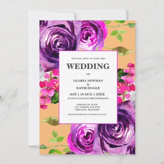 Faire-part de mariage floral pourpre romantique (Devant)
