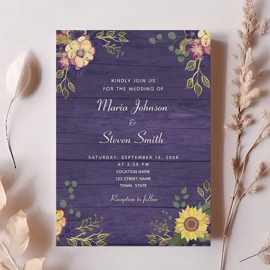 Faire-part de mariage floral pourpre rustique de c