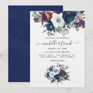 Faire-part de mariage floral prune et marine