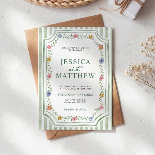 Faire-part de mariage floral rayé vert