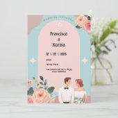 Faire-part de mariage floral rose (Debout devant)