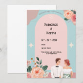 Faire-part de mariage floral rose (Devant / Derrière)