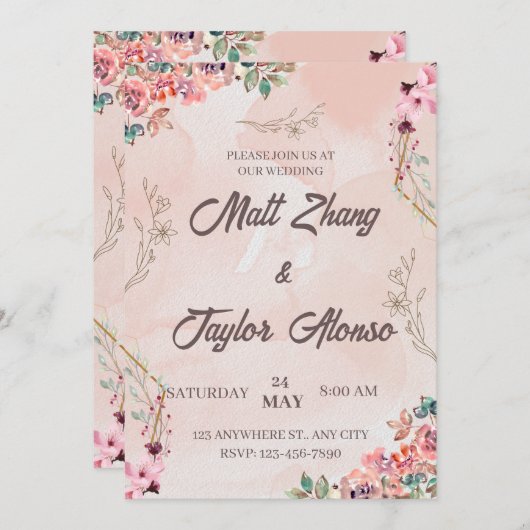 Faire-part de mariage floral rose (Devant / Derrière)