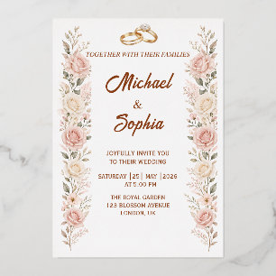 Faire-part de mariage floral rose avec anneaux dor
