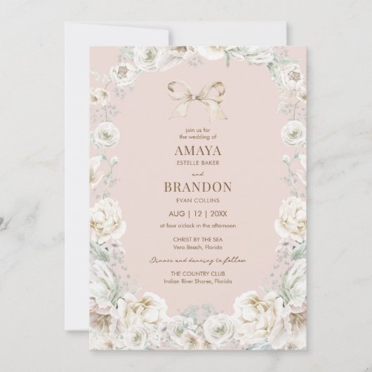 Faire-part de mariage floral rose Coquette Bow (Devant)