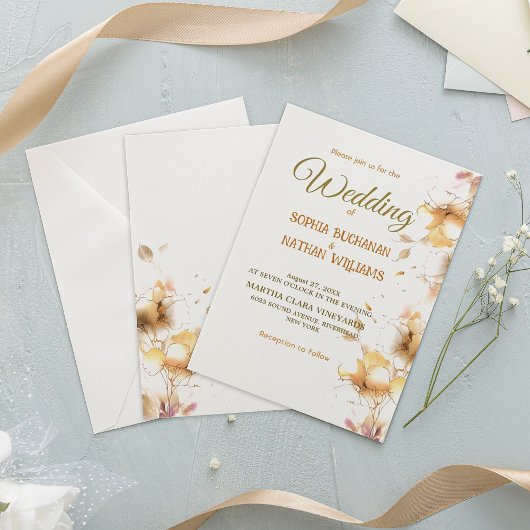 Faire-part de mariage floral rose doré moderne